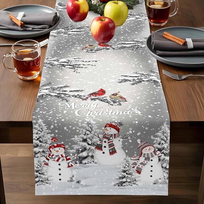 Christmas Snowman Cotton Linen Table Runner for Dining Kitchen, Snowflakes Xmas Pine Tree Wedding Outdoor Party Tablerunner Decoration Winter Bird Dresser Scarf Coffee Tablecloth Runners 13x120 Inches