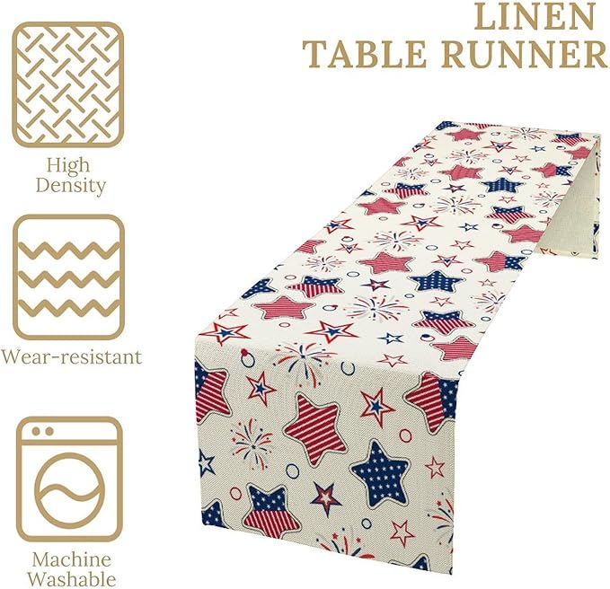 4th of July Table Runner, American Patriotic Independence Day Red Blue White Stars Stripes Fireworks Print Table Runner for Home Party Decor Kitchen Dining Table, 13x70inch