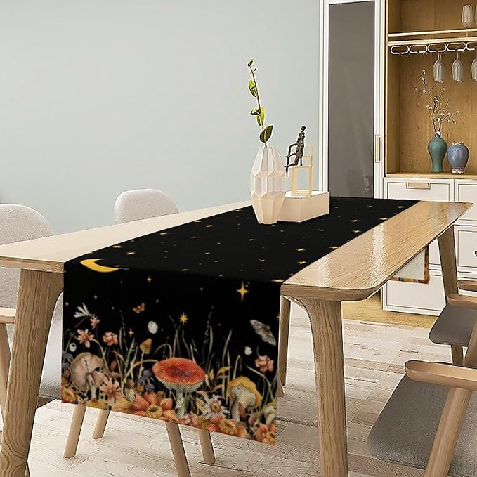 Mushroom Kitchen Table Runner, Gothic Moon Star Plants Witchy Moonlit Flower Butterfly Table Runner for Kitchen Party Living Room Drapes, 13x120 Inch Black