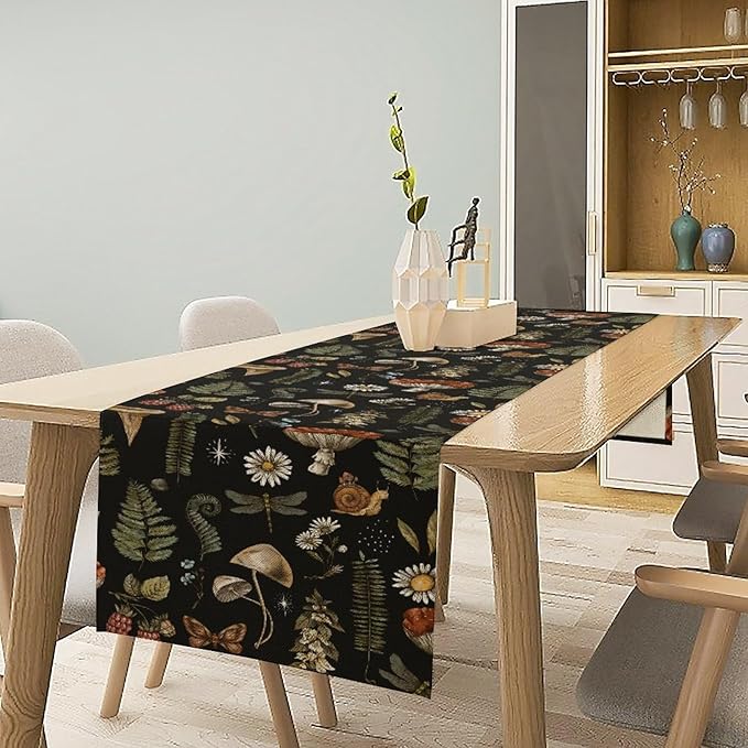 Mushroom Table Runner,Retro Forest Plant Table Runner for Kitchen Dining Table Home Party Decoration 13x120 Inch