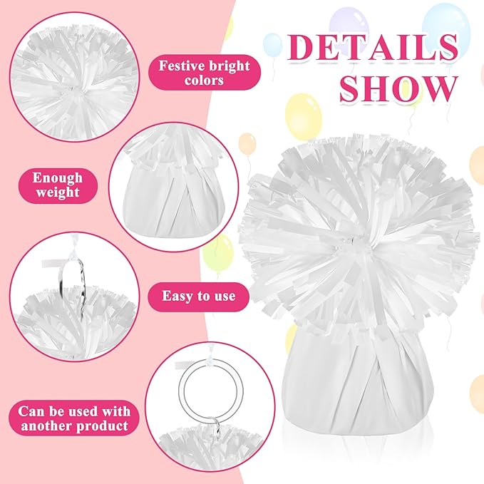 Balloon Weights 24 Pack White Metallic Foil Anchors with Ribbon