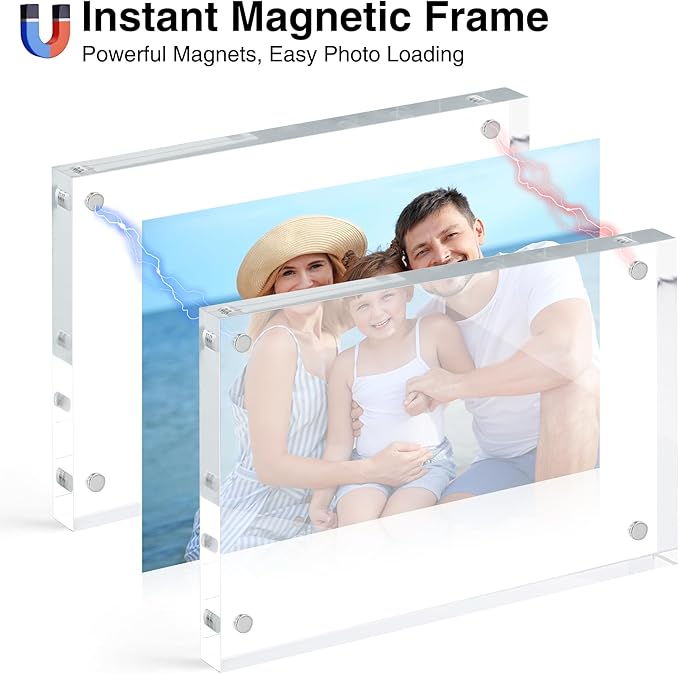 HOUSE DAY Acrylic Picture Frames 4x6, 6 Pack Magnetic 4 x 6 Picture Frame, Double Sided Clear 4x6 Photo Frame with Microfiber Cloth, Frameless FreeStanding 4x6 Frame Gift for Desktop Display