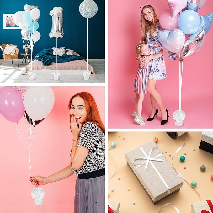 Balloon Weights 24 Pack White Metallic Foil Anchors with Ribbon