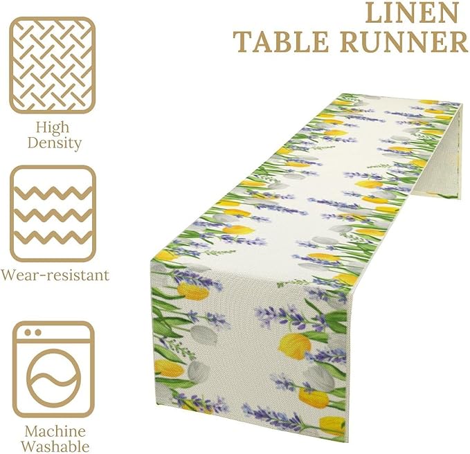 Floral Tulip Lavender Table Runner, Spring Watercolor Flower Plants Nature Butterfly Table Runner for Kitchen Dinner Living Room Home Party, 13x108 Inch