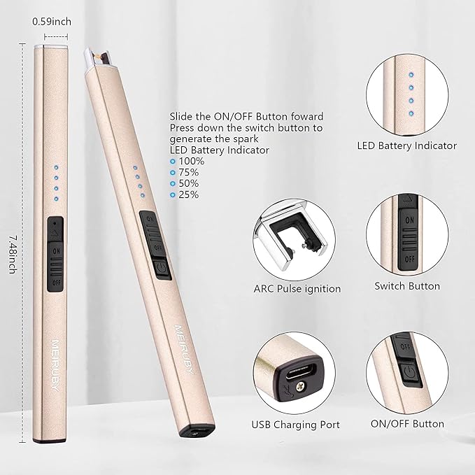 Electric Arc Lighter, Rechargeable Windproof, Champagne Gold Aluminum Alloy