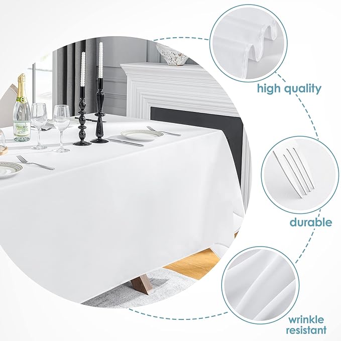 VidaFete Table Cloth 90 * 132inch 10pack Rectangle Tablecloth Polyester, Stain Wrinkle Resistant Polyester Dining Table Cover for Kitchen Dinning Party Wedding Rectangular Tabletop Decoration(White)