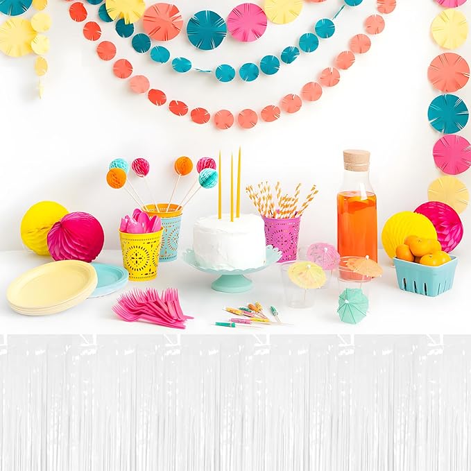 3 Pack 29x108 Inch Macaron White Foil Fringe Table Skirts Metallic Banner for Tinsel Streamer Garland Backdrop for Parade Floats Wedding Thanksgiving Birthday Christmas Halloween Party Decoration