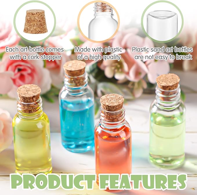 Sabary 100 Pack 1oz Plastic Potion Bottles with Cork Stoppers Mini Sand Art Bottles Tiny Cork Vial Small Jar with Funnel for Art DIY Craft, Essential Oil, Message, Wedding Party Favor