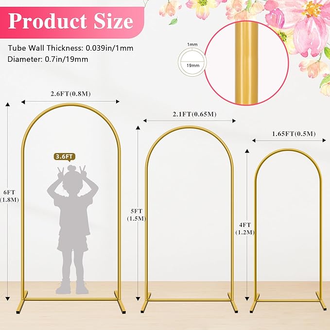 Background Support Equipment Gold Iron Arch Stand Set, 3 Pieces