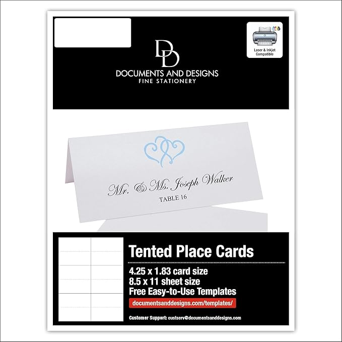 Linked Hearts Printable Place Cards, Light Blue (Choose Color), Set of 60 (10 Sheets), Laser & Inkjet Printers - Wedding, Party, Dinner, and Special Events - Made in the USA