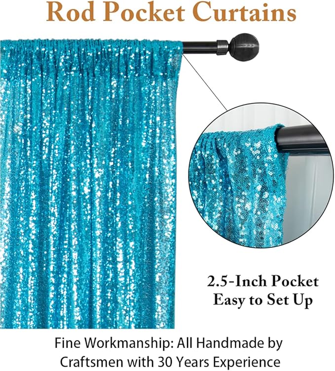 ShiDianYi Sequin Backdrop Turquoise 2 Panels 4FTx10FT Backdrops for Photograph Aqua Blue Sequin Photo Backdrop for Birthday Sparkle Wedding Drapery Glitter Background