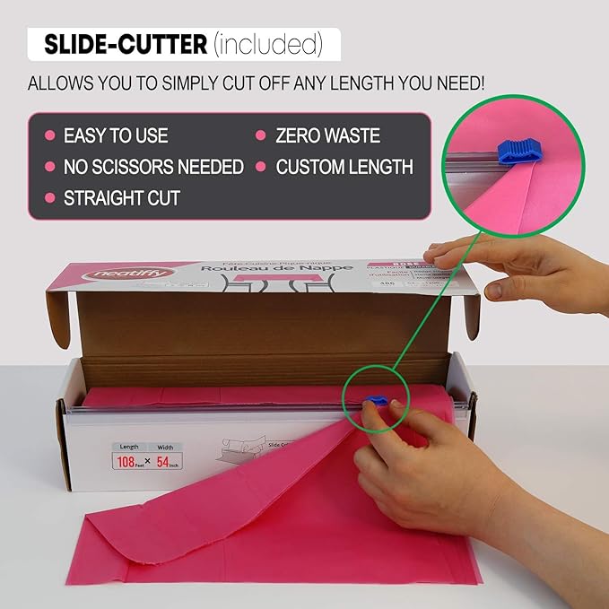 Pink Disposable Plastic Tablecloth Roll with Slide Cutter, 54 x 1296 Inch