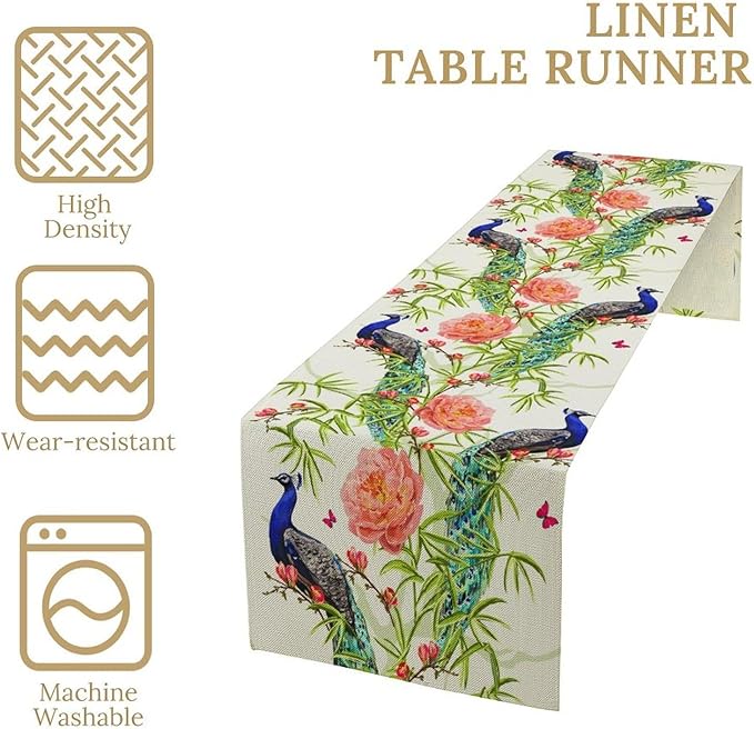 Peacock Table Runner,Seasonal Flower Plants Peacock Birds Table Runner for Home Kitchen Dining Party Indoor Outdoor Decoration 13x120 Inch