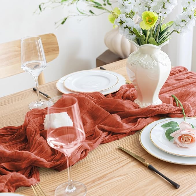 Asee'm 6pcs Cheesecloth Table Runner 120 Inches Long Terracotta Boho Gauze Cheese Cloth Runner 10FT Rustic Sheer Fall Table Runners for Thanksgiving Christmas Wedding Party Baby Shower Decoration