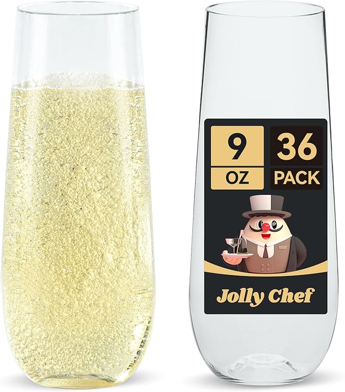 Stemless Champagne Flutes, 9 oz Clear Plastic, 36 Count