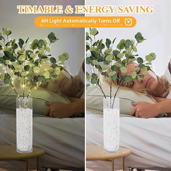 Lighted Eucalyptus Branches with Timer, Lighted Branches 33IN 99 LED, Artificial Light, Eucalyptus Night Light, Artificial Plant for Home Spring Party Wedding Decor-Battery Operated, Home Decor