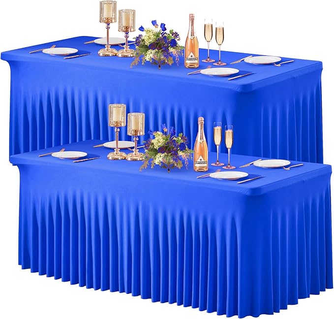 Wish Care 2 Pack Royal Blue Spandex Table Clothes for 4 Foot Rectangle Tables, 4FT Wrinkle Free Fitted Tablecloths Ruffles Design Table Cloth for Party, Banquet, Wedding and Events