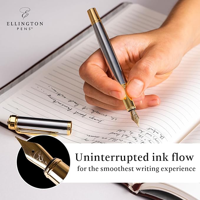 Ellington Pens Luxury Fountain Pen Set- Fountain Pens for Writing - Smooth Medium Nib - Includes Refillable Ink Converter, 3 Ink Cartridges [Black & Blue], Gift Box - Elegant Calligraphy