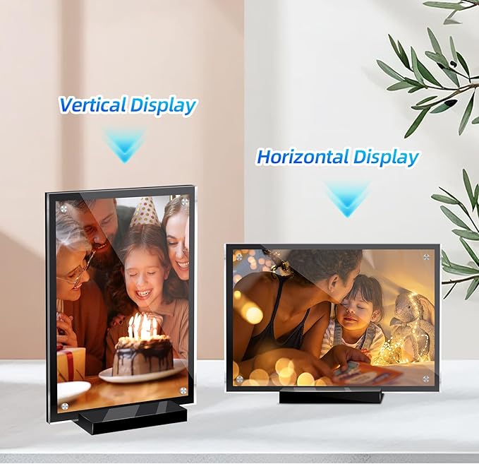 2 Pack Acrylic Magnetic Picture Frame 5x7, Clear Frame for Horizontal Vertical Tabletop Display, Black Photo Frame Magnets for Fridge