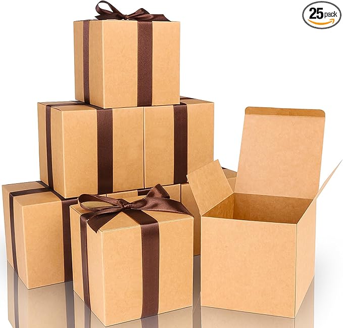 COTOPHER Small Gift Boxes 25 Pack 5x5x5 inches Brown Gift Boxes with Lids for Gifts, Crafting, Wedding Party Favor, Cupcake Boxes, Candy, Bridesmaids Proposal Box with Ribbons and Stickers