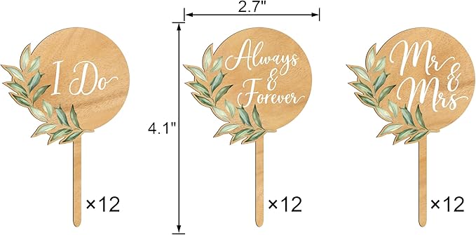 Non-Edible Wood Cupcake Toppers, 36 Count Green Leaf Mr and Mrs Wedding Set