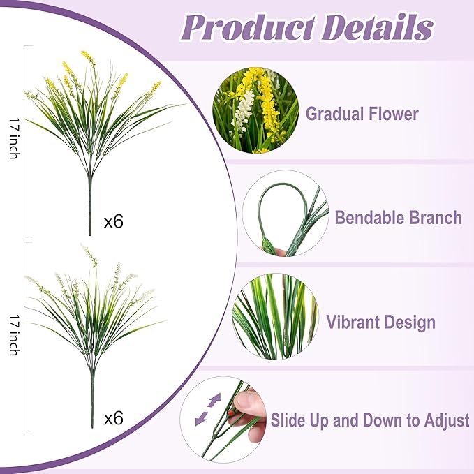 Artificial Greenery Plants, 12 Bundles Yellow and White Faux Monkey Grass