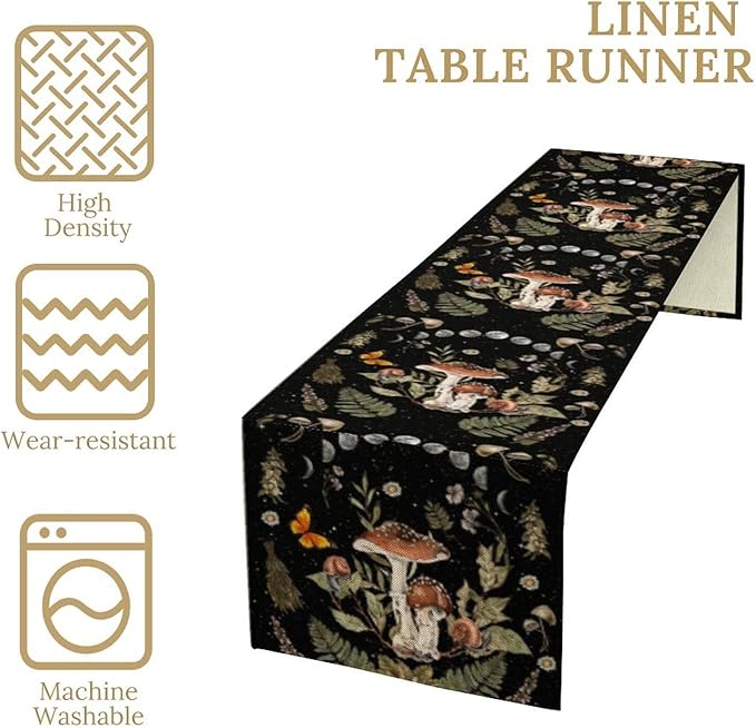 Mushroom Kitchen Table Runner, Boho Vintage Wild Flower Gothic Witchy Moonlit Forest Plant Table Runner for Bedroom Living Room Kitchen Dinner Table, 13x108 Inch