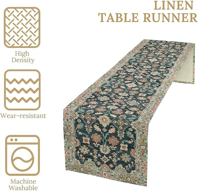 Vintage Boho Floral Table Runner, Rustic Country Farmhouse Blue Teal Red Bohemia Flower Pattern for Home Kitchen Table Decor Dining Coffee Room Party Decor 13x90in