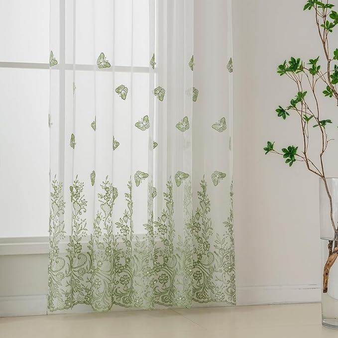 VISIONTEX White Sheer Voile Curtains, Decorative Green Embossed Butterflies Rod Pocket Window Drapes for Home Kitchen, Living Room and Bedroom 54 x 84 Inch, Set of 2 Curtain Panels