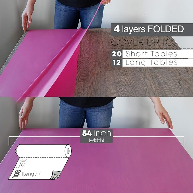 Pink Disposable Plastic Tablecloth Roll with Slide Cutter, 54 x 1296 Inch