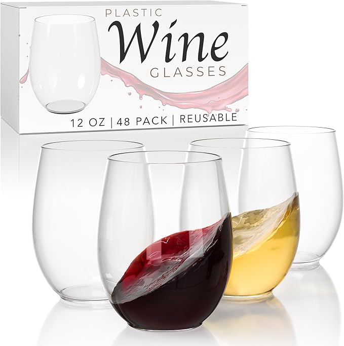 Stemless Plastic Wine Glasses, 48 Pack, 12 oz Clear Unbreakable Party Cups