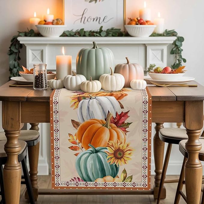 Fall Thanksgiving Southwest Cotton Linen Table Runner for Dining Kitchen, Orange Pumpkins Wedding Outdoor Party Rustic Tablerunners Decoration, Sunflower Dresser Scarf Tablecloth Runners 13x72 Inches