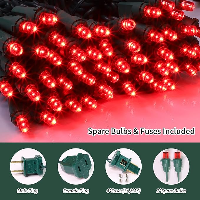 String Lights 64.8 ft Red LED Outdoor, 300 Bulbs, Green Wire