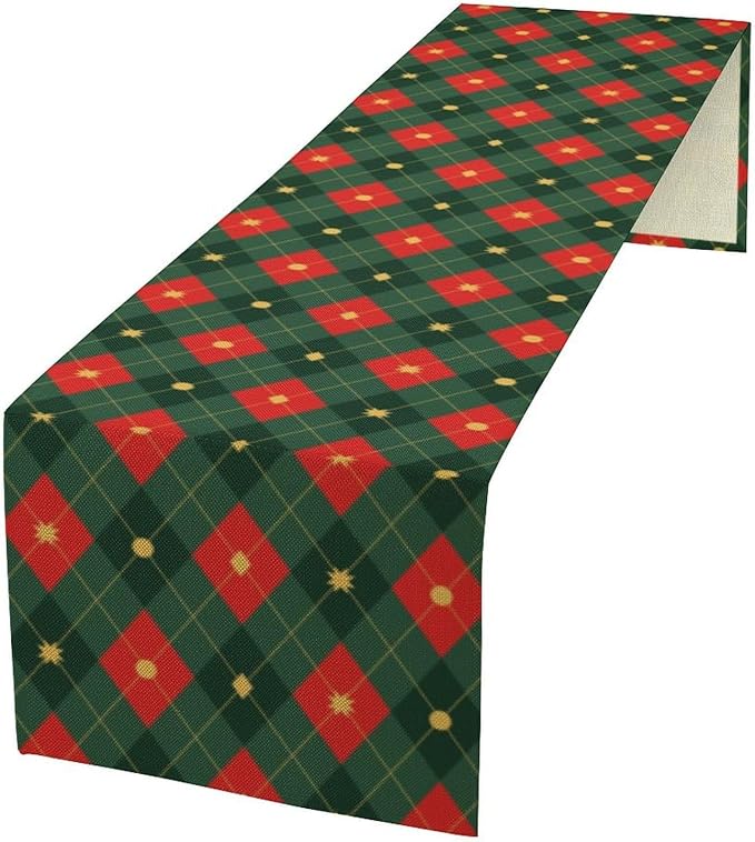 Christmas Table Runner,Green Red Xmas Plaid Table Cloth Kitchen Dining Table Decoration for Home Party Decor 13x90 Inch