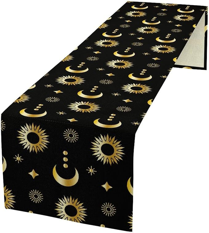 Magic Gold Sun Moon Stars Table Runner Mystical Farmhouse Rustic TableRunner for Party Holiday Dining Room Kitchen 13x108 Inch