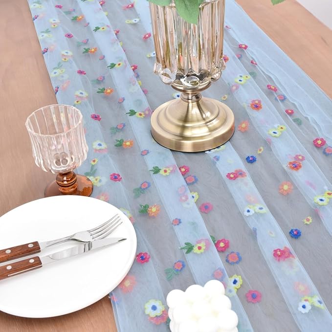 Joanlody 3pcs Blue Embroidery Daisy Fall Thanksgiving Table Runner Florals Seasonal Tulle Table Runner Holiday Kitchen Dining Table Decoration Wedding Party