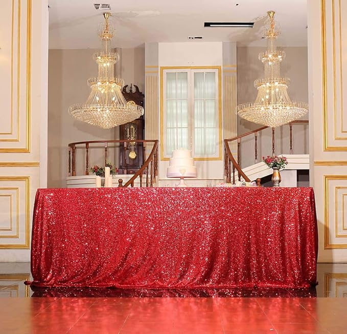 SquarePie Sequin Tablecloth 90 x 156 Inch Red Sparkly Table Linen for Wedding Party