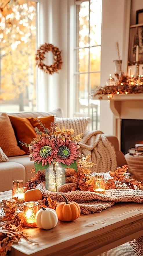 Silk Sunflowers Artificial Flowers with Mason Jar Centerpiece for Table Orange Red Fall Flowers in Vase Fall Floral Arrangement with Vase Thanksgiving Centerpiece for Dining Room Table Autumn Decor