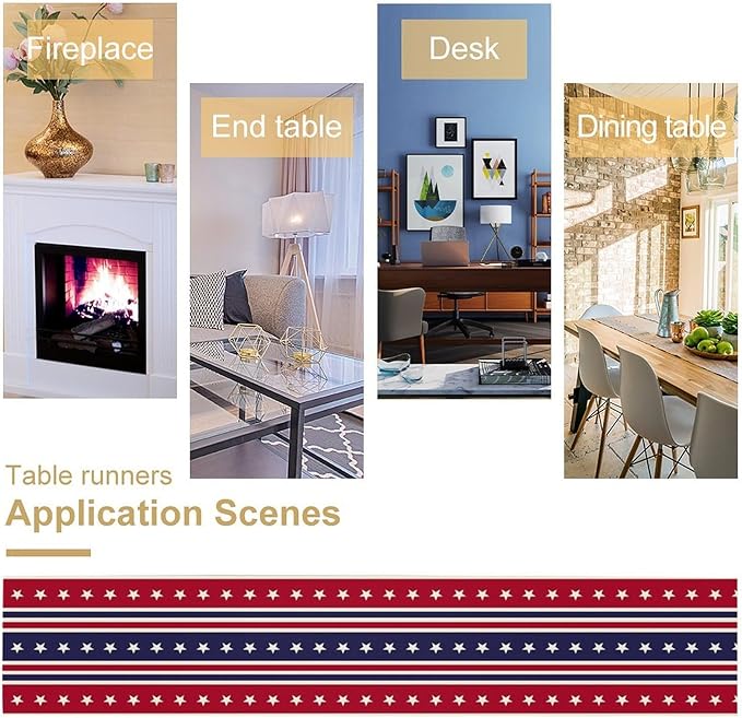 4th of July Table Runner, USA Flag Stars Stripes American Independence Day Red Blue White Stars Lines Print Table Cover for Farmhouse Kitchen Indoor Outdoor Home Party, 13x108inch