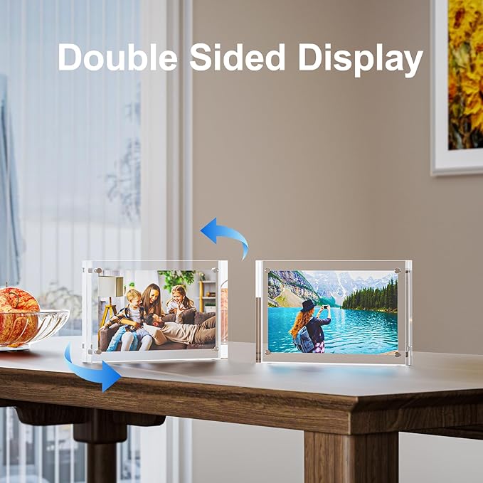 3 Pack 5x7 Acrylic Picture Frames - 20% Thicker Double Sided Magnetic Frame with UV Protection - Freestanding Clear Frameless Display for Tabletops - Modern Photo Frame Set for Home & Office Decor