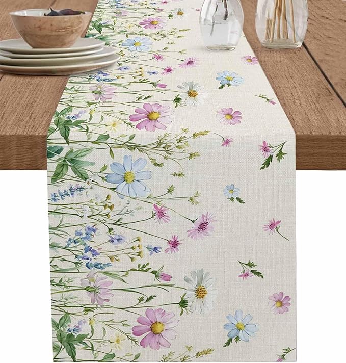 Vintage Wildflowers Cotton Linen Table Runner for Dining Kitchen, Wedding Outdoor Party Tablerunners Decoration, Farm Floral Pink Botanical Plants Dresser Scarf Coffee Tablecloth Runners 13x72 Inches