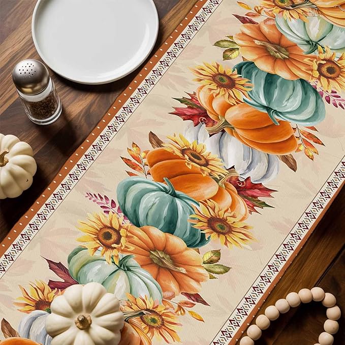 Fall Thanksgiving Southwest Cotton Linen Table Runner for Dining Kitchen, Orange Pumpkins Wedding Outdoor Party Rustic Tablerunners Decoration, Sunflower Dresser Scarf Tablecloth Runners 13x108 Inches