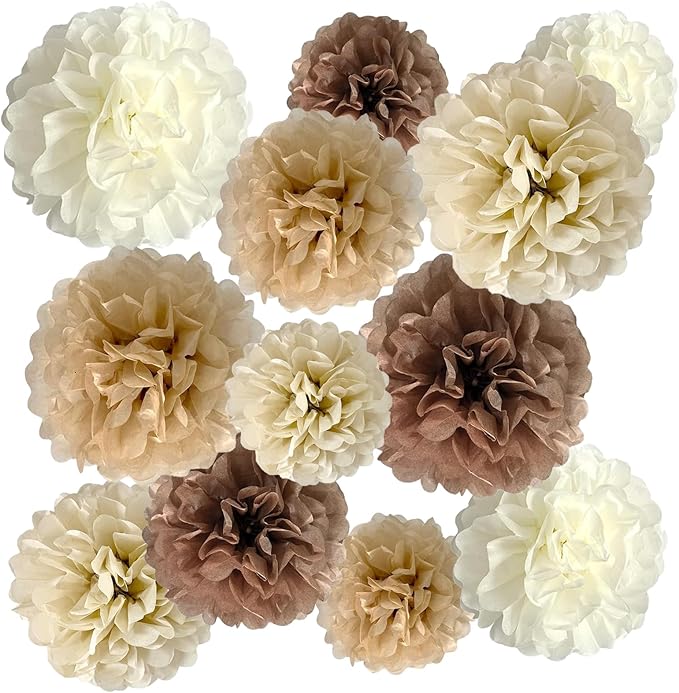 Tissue Paper Pom Poms, 12 Pack in Brown, Beige, Ivory and White