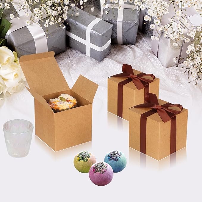 Gift Boxes with Lids, Brown Kraft Paper, 3 x 3 x 3 Inch, 50 Pack