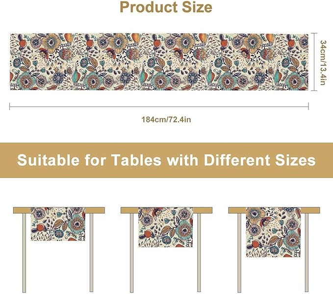 Boho Floral Table Runner,Vintage Flowers Tropical Plants Country Style Table Cloth Kitchen Dining Table Home Party Decoration 13x90 Inch