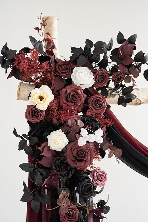Artificial Flower Arch Decor Set in Black and Burgundy, 4-Piece