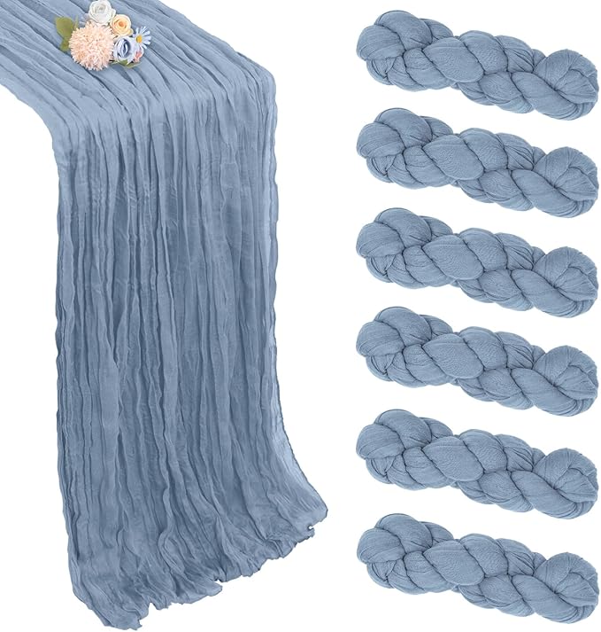 6 Pack Dusty Blue Table Runner 10ft Boho Gauze Fabric Cheesecloth Table Runner 35 x 120 Inch Rustic Sheer Runner for Wedding Decor Baby Shower Party Table Centerpiece Decorations