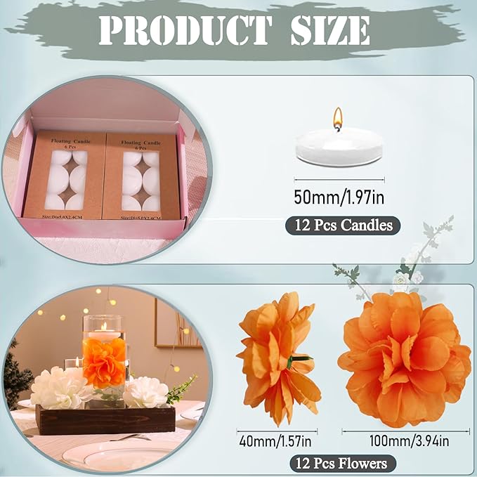 Vase Fillers, 24 Pcs Orange Floating Flowers and White Floating Candles