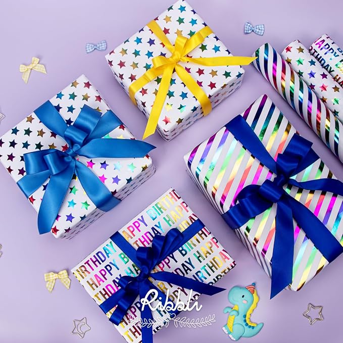 Ribbli Birthday Wrapping Paper 30 Inch Iridescent Gift Wrapping Paper 4 Rolls Happy Birthday Polka Dots Stripes Stars Printed Assortment -120 inch(10feet) Per Roll