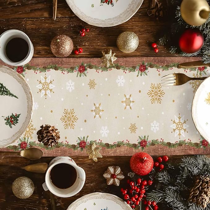 Christmas Gnomes Cotton Linen Table Runner for Dining Kitchen, Xmas Pine Tree Snowflake Rustic Wedding Outdoor Party Tablerunners Decoration, Retro Wood Dresser Scarf Tablecloth Runners 13x108 Inches